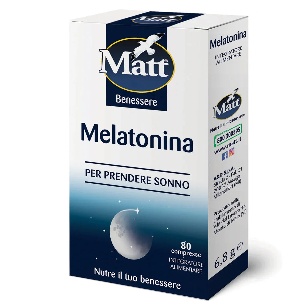 Confezione di Melatonina Matt, 80 compresse per favorire il sonno e alleviare il jet lag. Lato con informazioni sull'azienda