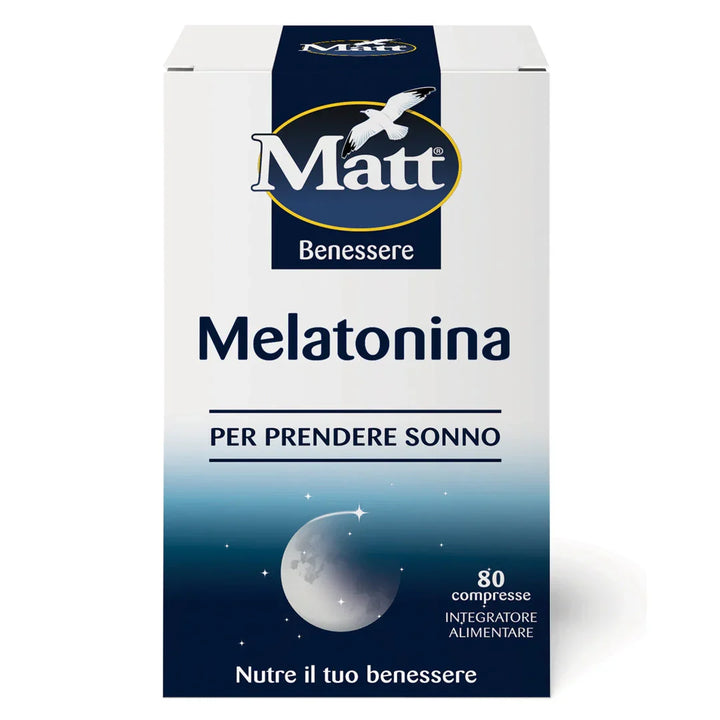 Confezione di Melatonina Matt, 80 compresse per favorire il sonno e alleviare il jet lag.
