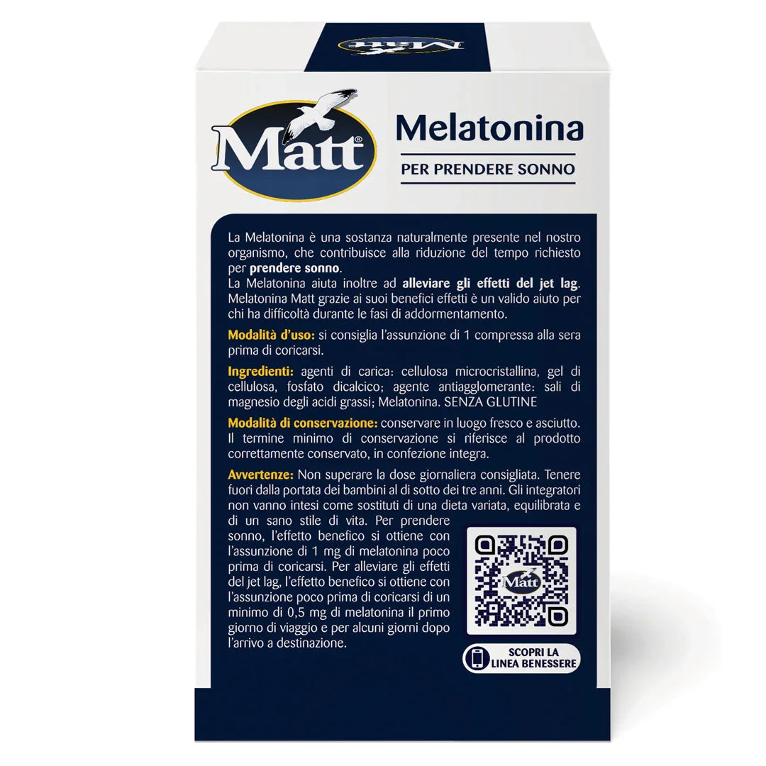 Confezione di Melatonina Matt, 80 compresse per favorire il sonno e alleviare il jet lag. Retro della confezione con descrizione e modalità d'uso