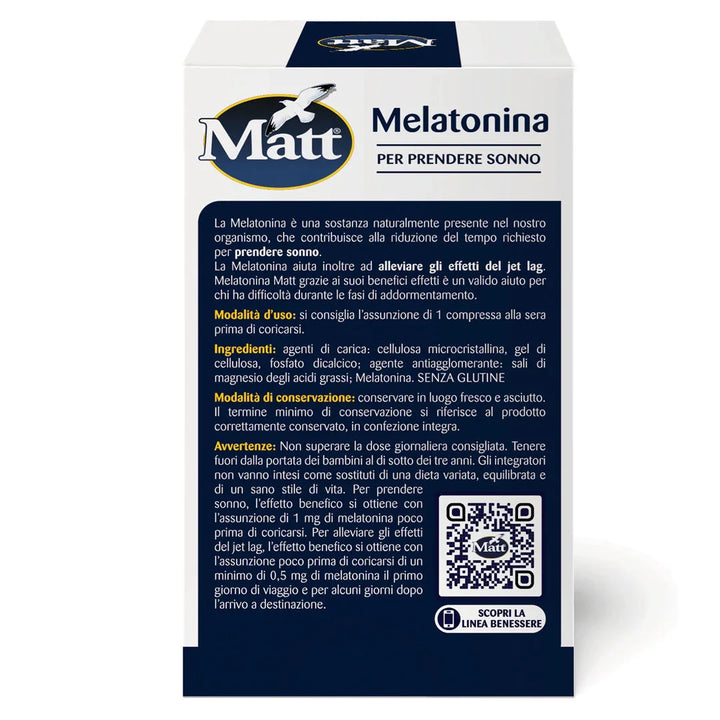 Confezione di Melatonina Matt, 80 compresse per favorire il sonno e alleviare il jet lag. Retro della confezione con descrizione e modalità d'uso