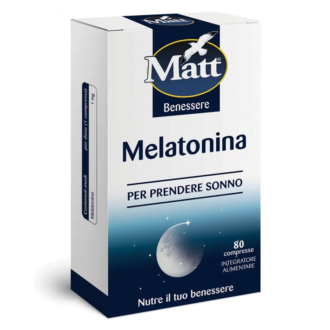 Confezione di Melatonina Matt, 80 compresse per favorire il sonno e alleviare il jet lag. Lato con valori nutrizionali