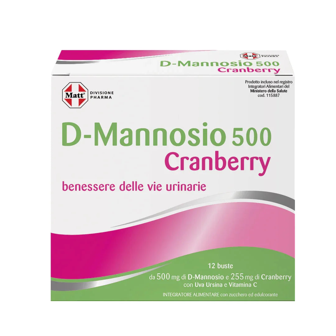 Confezione di Matt D-Mannosio 500 Cranberry, 12 bustine per il benessere delle vie urinarie, senza glutine.