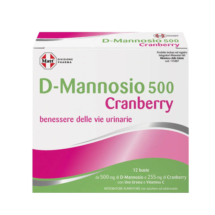 Confezione di Matt D-Mannosio 500 Cranberry, 12 bustine per il benessere delle vie urinarie, senza glutine.