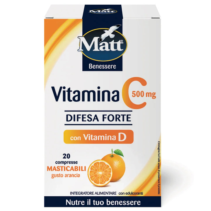 Confezione di Matt Vitamina C 500 Difesa Forte, 20 compresse masticabili gusto Arancia, senza glutine.