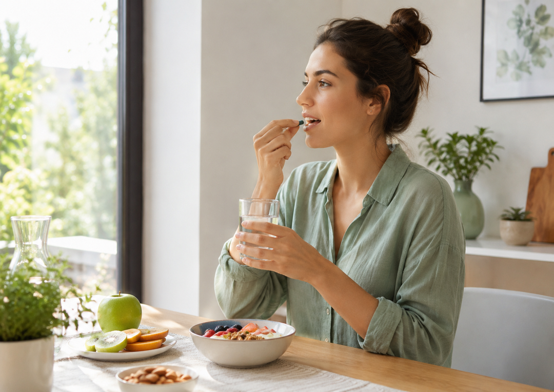 Bicchiere d'acqua e integratore fermenti lattici al mattino colazione