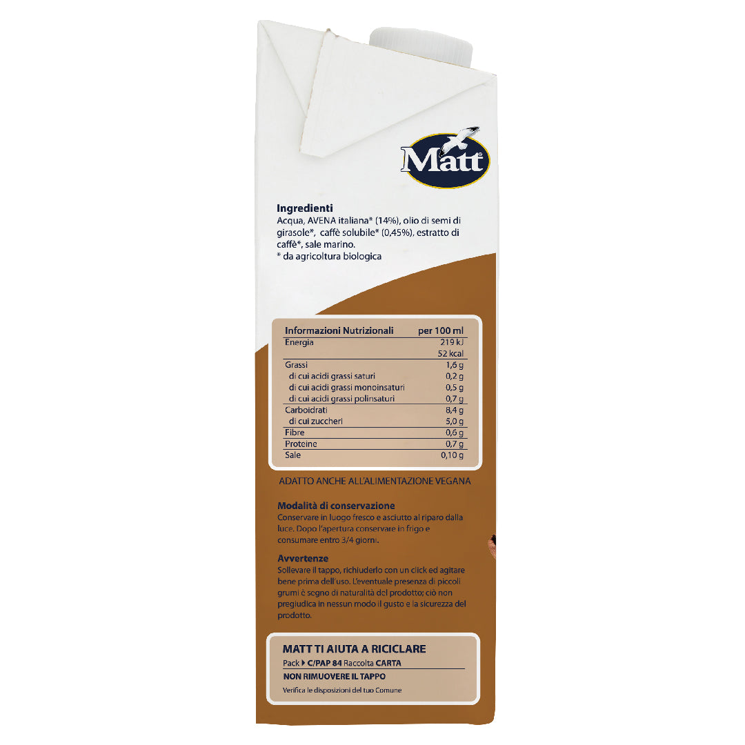 Back of oat coffee drink carton with nutritional info, ingredients, and recycling instructions