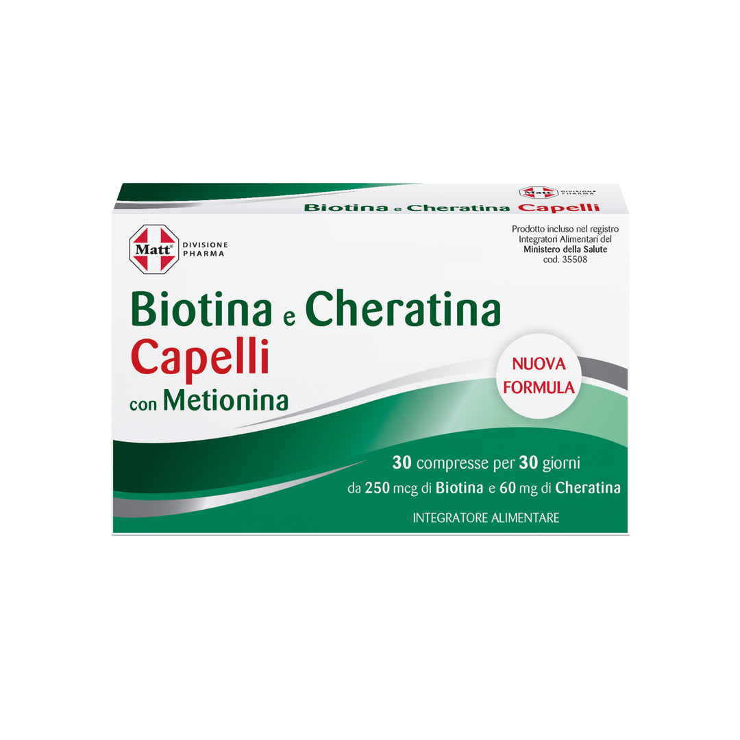 Biotin and keratin hair supplement box with methionine, 30 tablets, Italian packaging