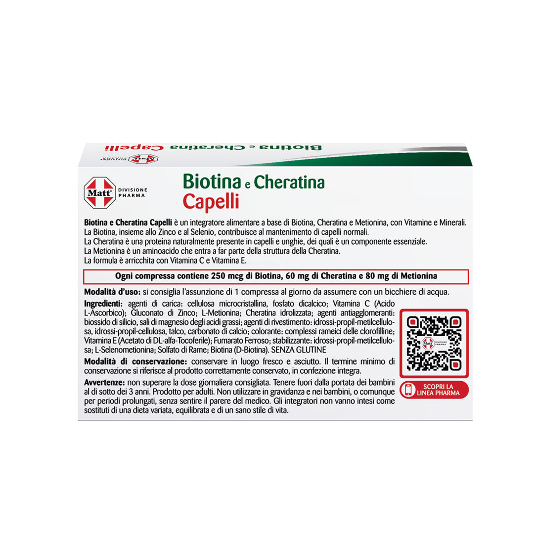 Back of Biotina e Cheratina Capelli supplement box showing ingredients and usage in Italian