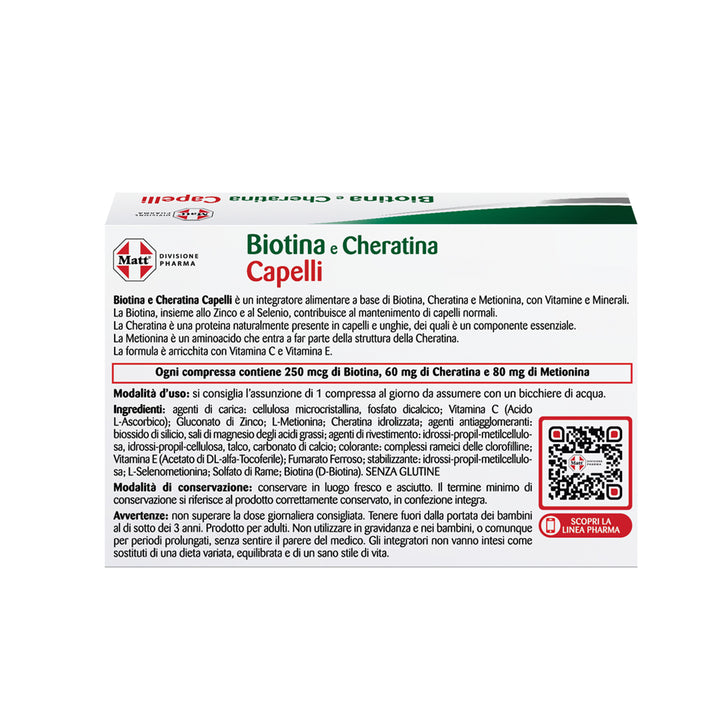 Back of Biotina e Cheratina Capelli supplement box showing ingredients and usage in Italian