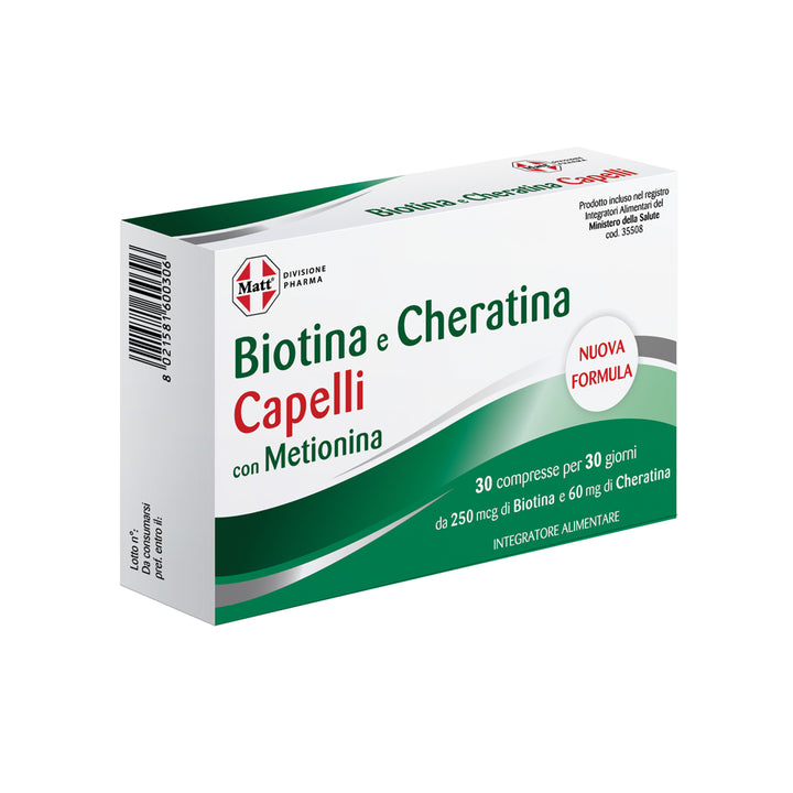 Box of Biotin and Keratin hair supplement with methionine, 30 tablets, Italian packaging