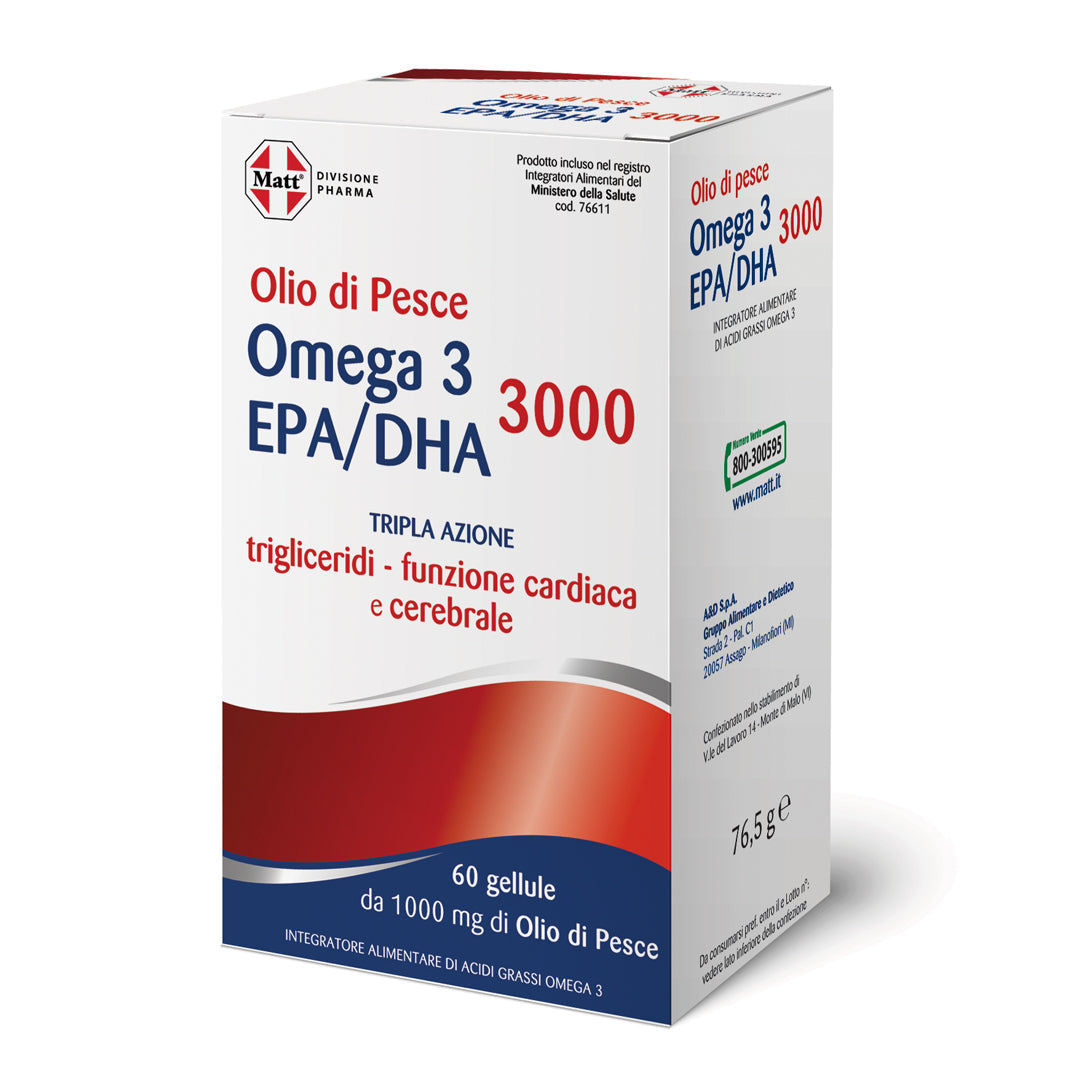 Omega 3 EPA/DHA 3000. Integratore per cervello, cuore e pressione. Lato Sx