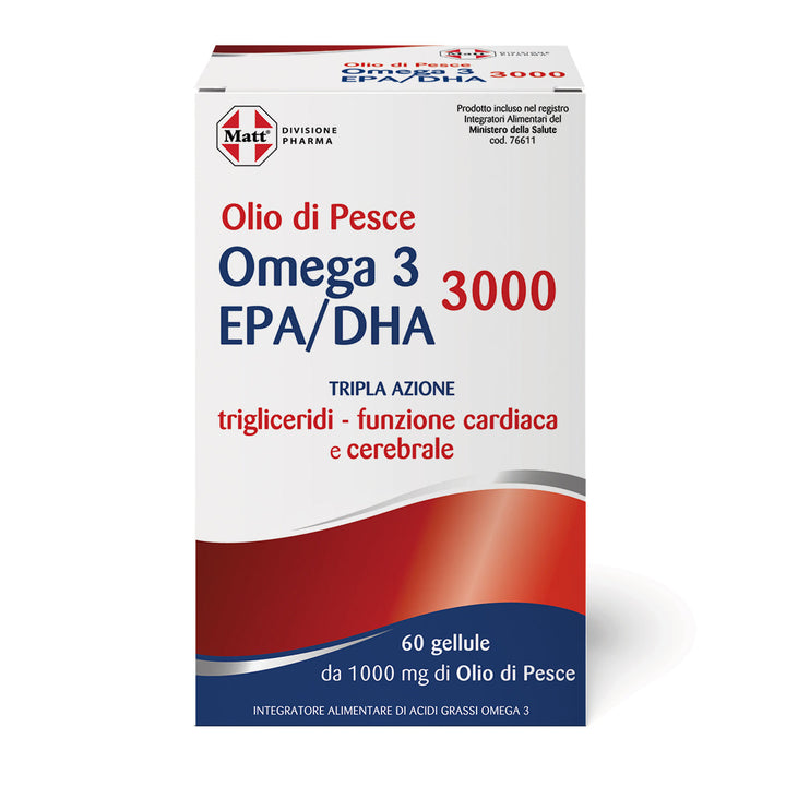 Omega 3 EPA/DHA 3000. Integratore per cervello, cuore e pressione. Fronte