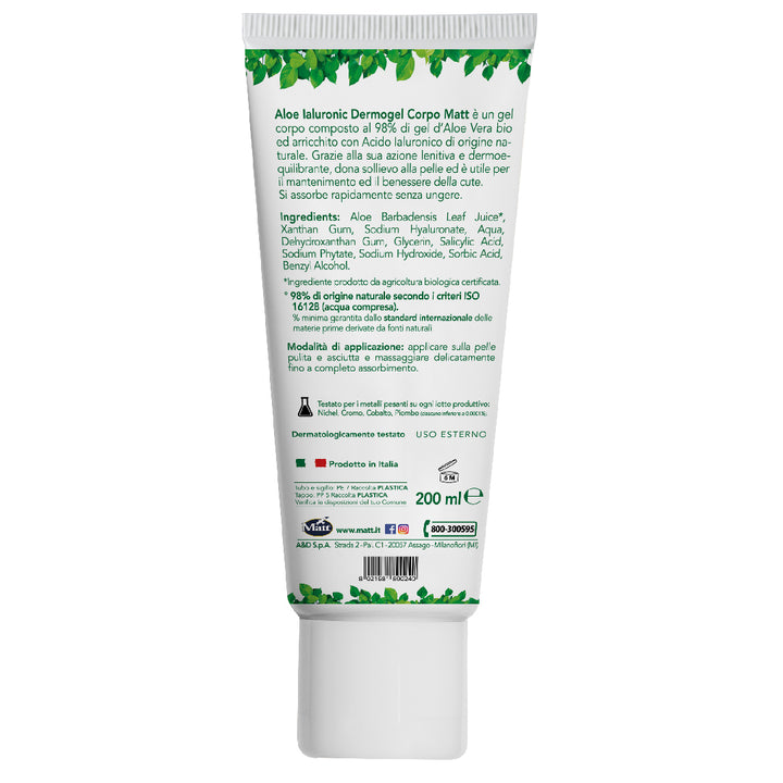 Retro del tubetto di Aloe hyaluronic Dermogel Corpo Matt, gel corpo all'aloe vera e acido ialuronico