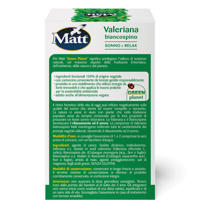 Confezione di Matt Valeriana e Biancospino, integratore per sonno e rilassamento, senza glutine. Retro con descrizione del prodotto